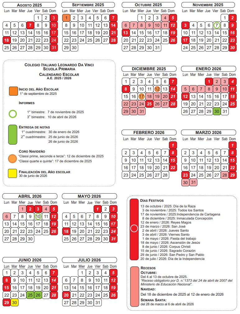 Colegio Italiano Leonardo da Vinci Calendario Escolar