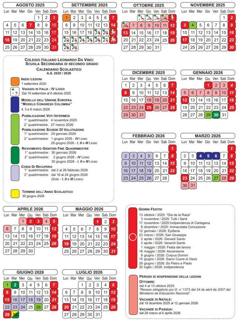 Colegio Italiano Leonardo da Vinci Calendario Escolar