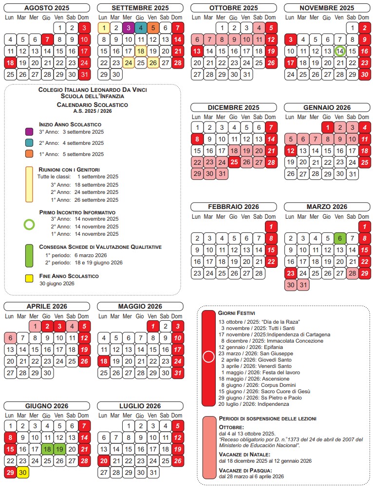 Colegio Italiano Leonardo da Vinci Calendario Escolar
